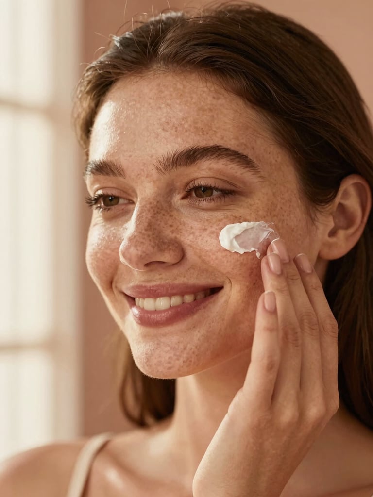 Close-up portrait of a smiling woman with natural freckles applying cream blush, soft diffused golden hour light, warm terracotta background