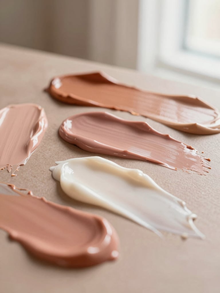 Close-up of soft cosmetic cream swatches in warm terracotta and dusty rose tones on diverse skin, showing natural skin texture under warm, diffused window light.