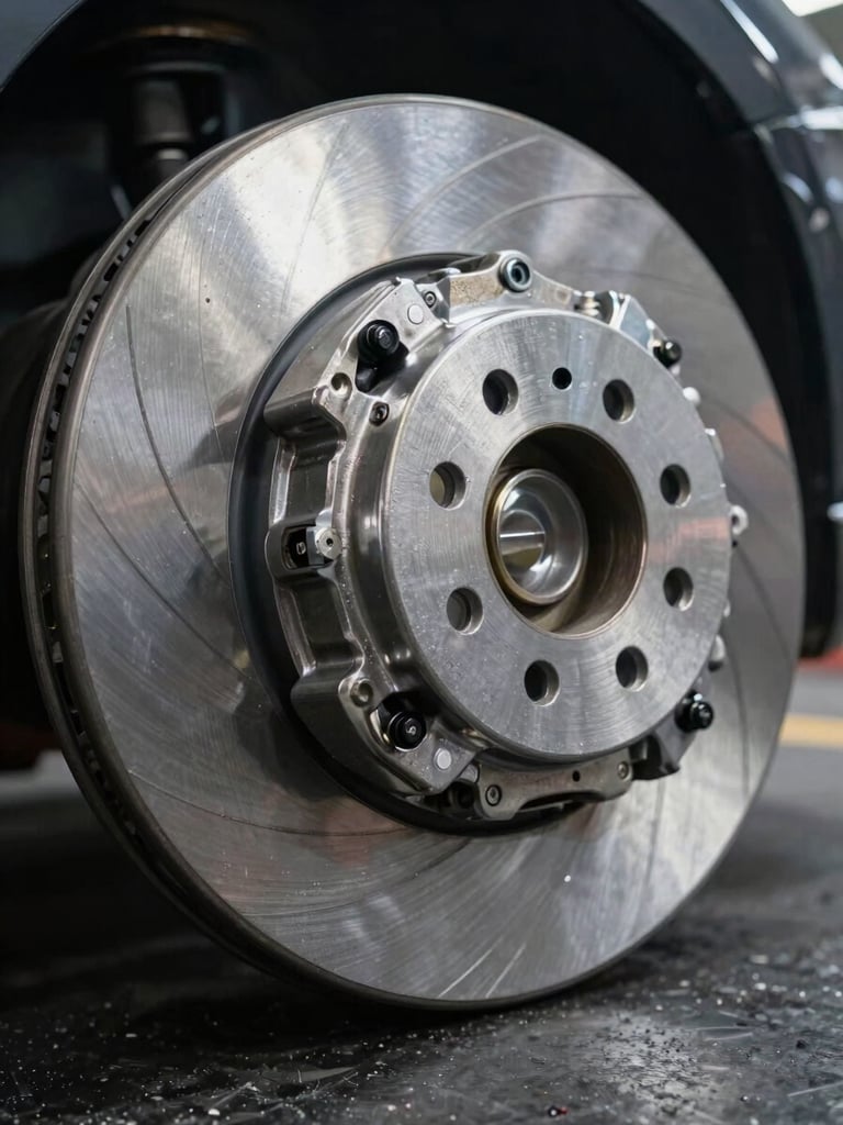 Extreme close-up overhead shot of a polished brake caliper and brake disc assembly laid on a dark metal surface under cool studio strobe lighting, metallic surfaces reflecting clean white highlights, no background clutter