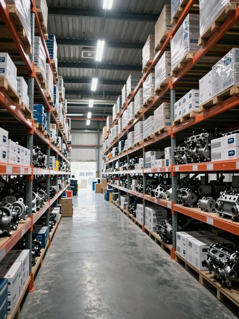 Wide shot inside a large automotive parts warehouse, floor-to-ceiling metal shelving loaded with boxed OEM components and engine parts, cool-white overhead fluorescent lighting casting clean shadows, organized inventory visible deep into the frame, no people