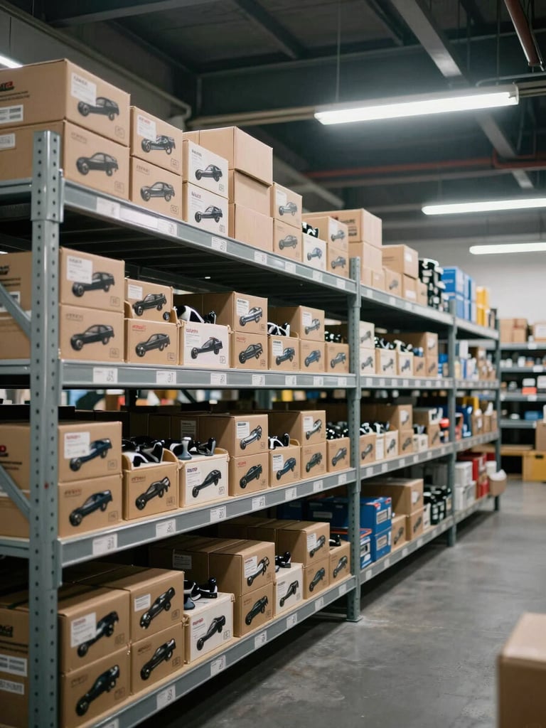 Wide shot of organized warehouse shelving filled with labeled auto spare part boxes, cool fluorescent overhead lighting, steel racking, depth of rows visible in background