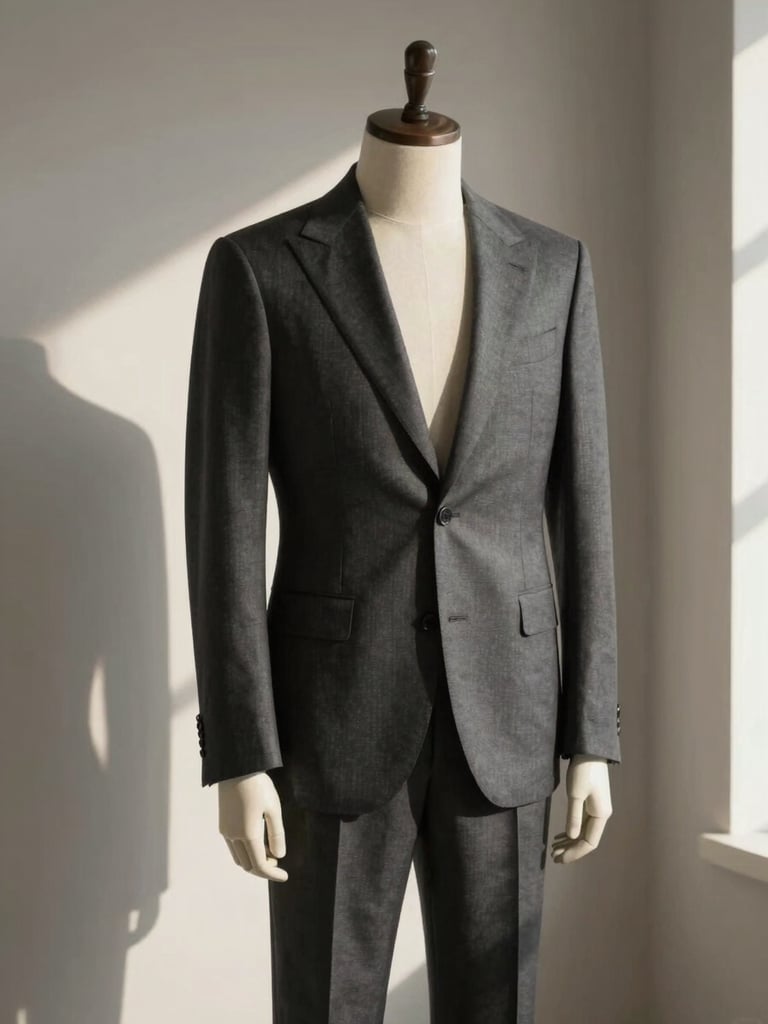 Structured charcoal suit on a minimalist mannequin, soft architectural shadows, elegant warm gray studio background, editorial menswear photography