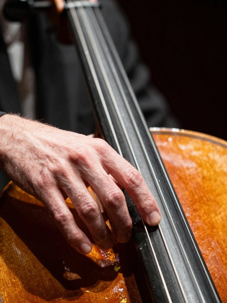 Extreme close-up of Paolo Tedesco's left hand pressing strings on the cello fingerboard under warm stage light, individual string textures and rosin dust visible, dark background, shallow depth of field