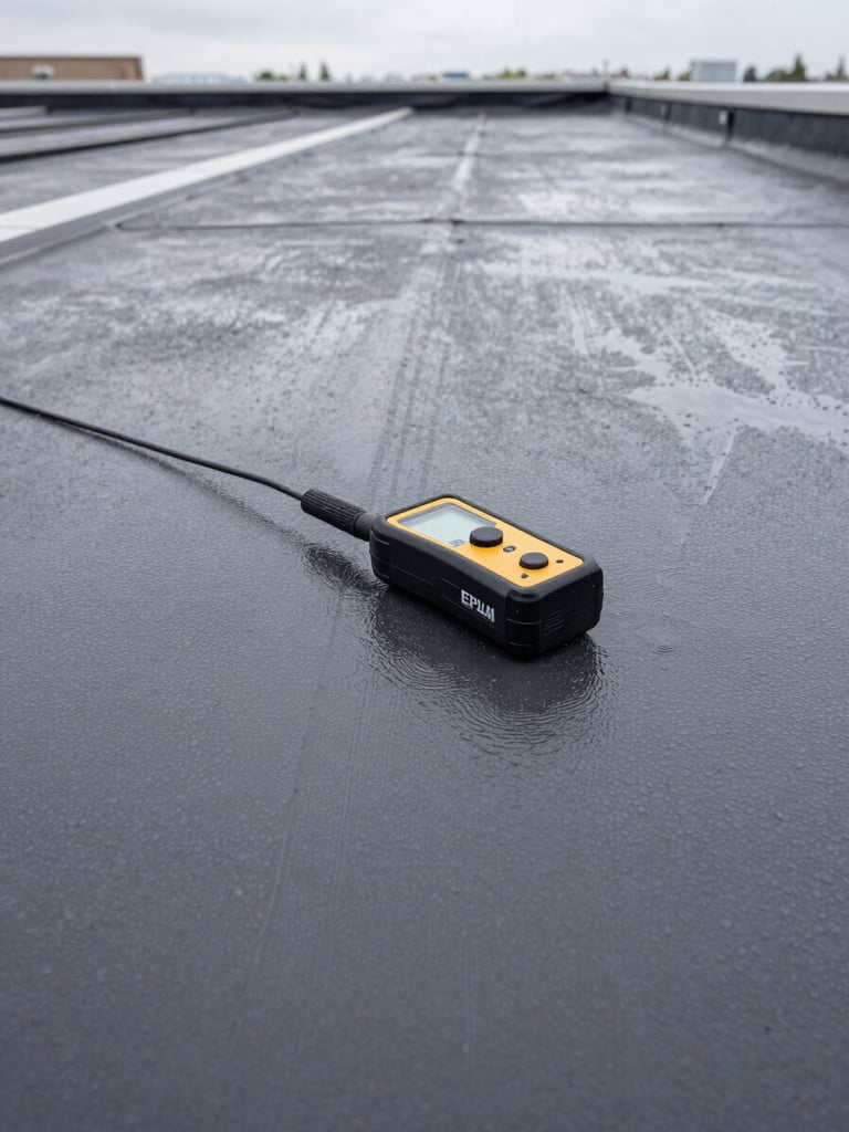 Close-up overhead view of a flat roof membrane surface, a moisture meter probe resting on grey EPDM, natural overcast diffuse daylight, condensation traces and water path markings visible on the surface, no people, investigative documentary mood