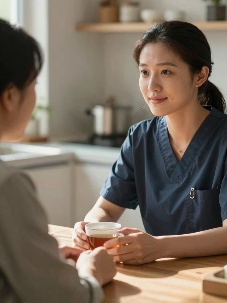 Close-up of a support worker and participant sitting side by side at a kitchen table, warm morning light through a window, hands resting near a cup of tea, relaxed and natural, eye-level framing