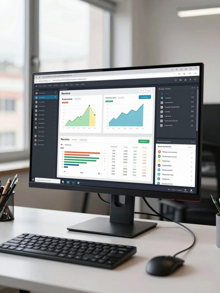 Wide environmental shot of a monitor displaying a live analytics dashboard with charts and campaign metrics, on a clean desk in a daylight Quito office, diffused north-facing window light, slight angle showing the full screen context