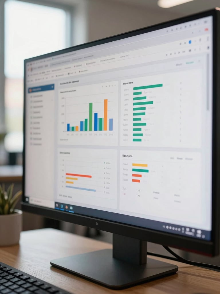 Close-up of a SaaS dashboard interface on a large monitor in a daylit Quito office, data charts and metrics visible on screen, natural window light from the left, tight environmental framing showing the desk surface and keyboard edge