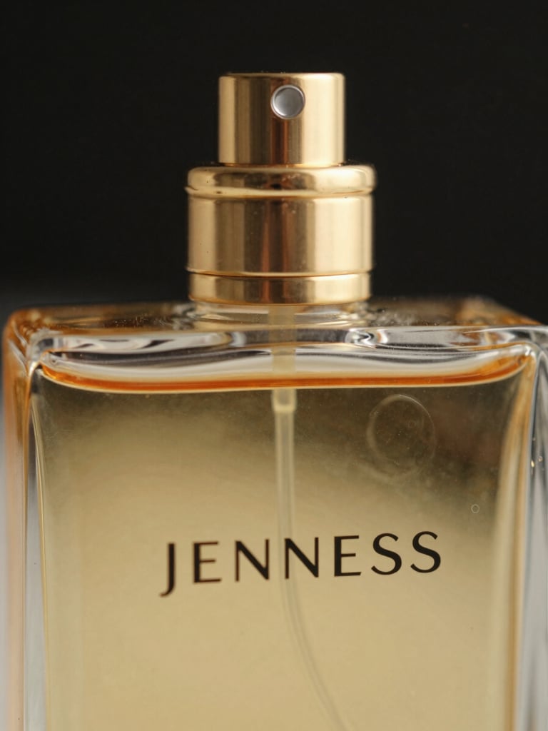 Extreme close-up of Jenness luxury perfume bottle with gold atomizer, warm studio light reflecting on thick premium glass, black background.