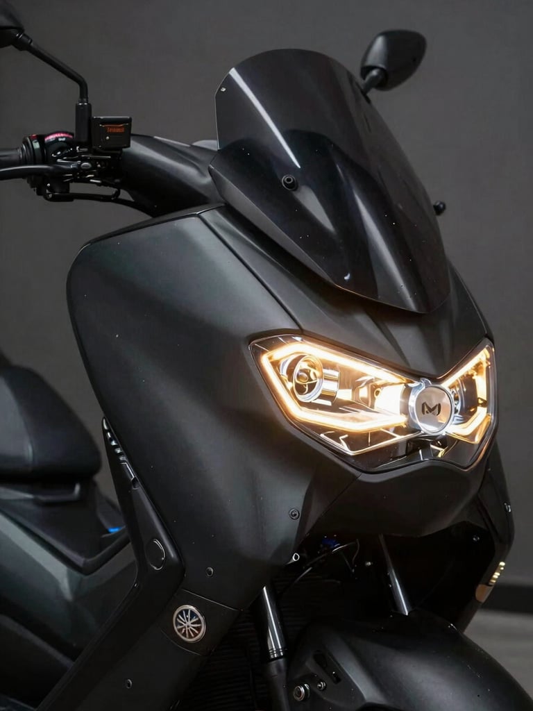 Sleek close-up of a Yamaha Nmax motorcycle headlight glowing in a dark room, golden reflections on the matte black body