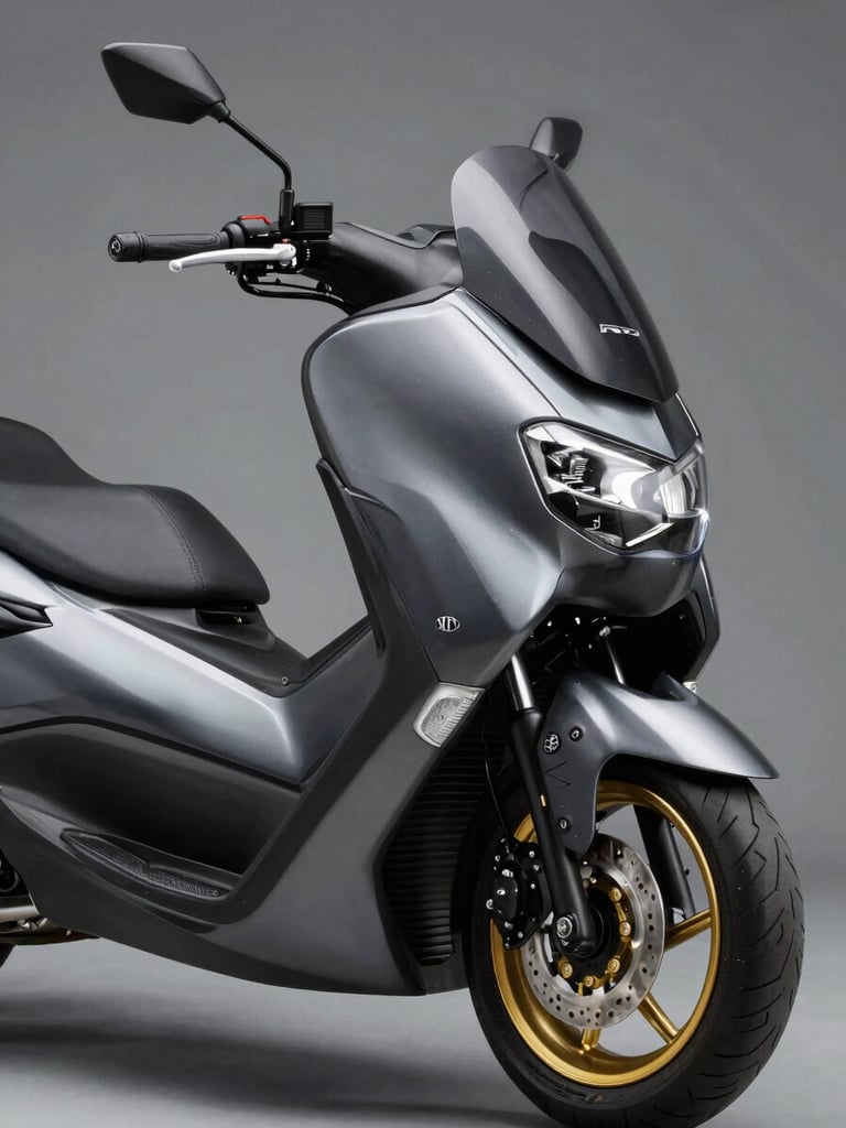 Sleek shadowy glimpse of Yamaha Nmax metallic curves and headlights, treated like a luxury vehicle, studio lighting with gold accents.