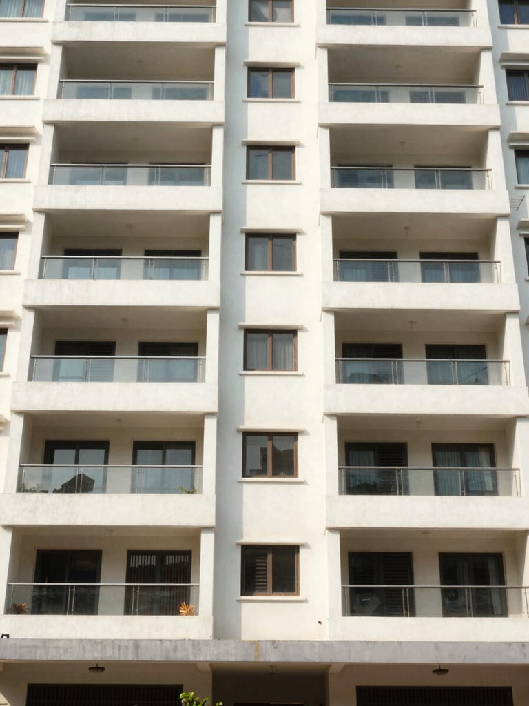 Straight-on architectural shot of a modern apartment building exterior in Bangalore, clean lines, natural daylight, realistic Indian urban setting.