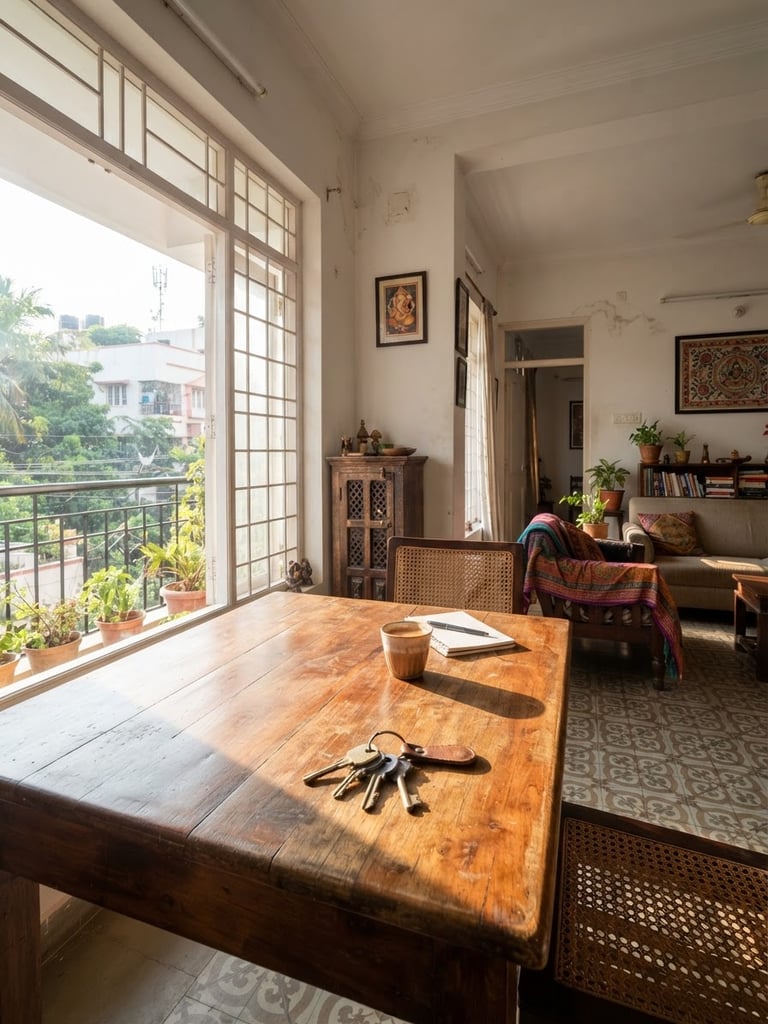 Bright, well-lit interior of an authentic Indian apartment, natural daylight streaming across a wooden table with a set of keys, wide angle, realistic color palette