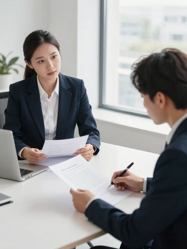 Two professional legal advisors discussing documents in a bright natural-light office space, clean modern editorial style