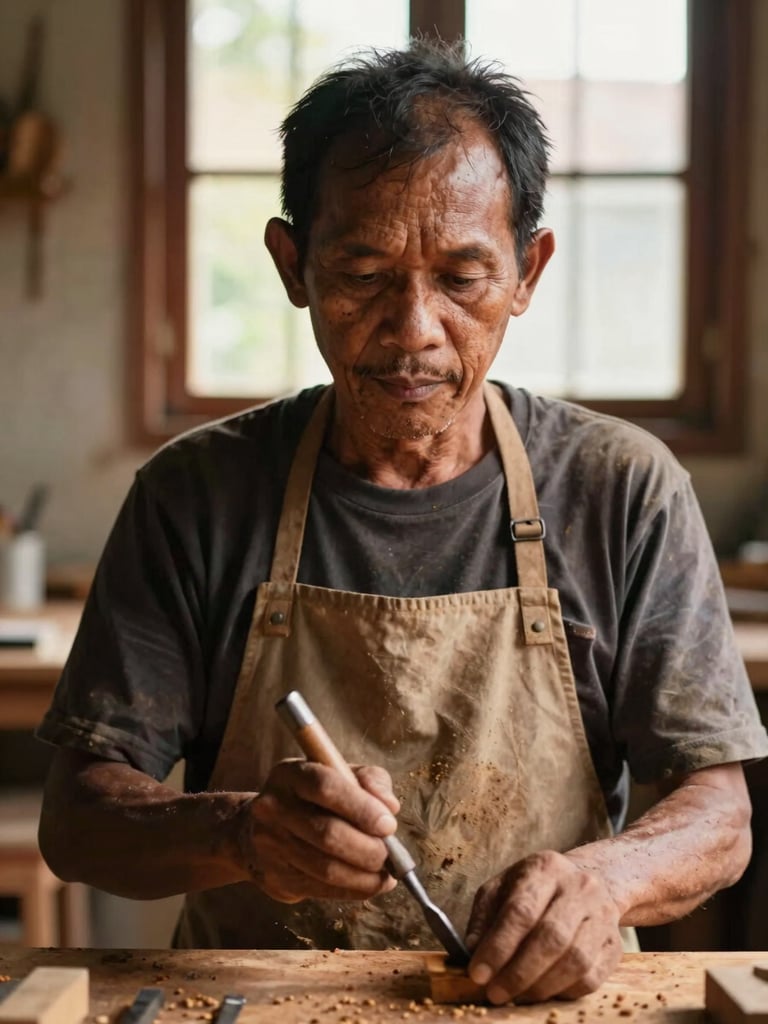 Close-up portrait of an Indonesian wood craftsman in his workshop, dusty apron, warm natural window lighting, holding a chisel, 35mm