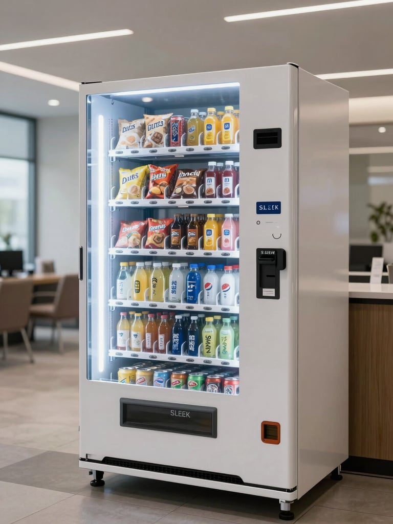 Sleek modern vending machine integrated into a bright corporate lobby, glowing display showcasing premium snacks and cold drinks under clean architectural lighting.