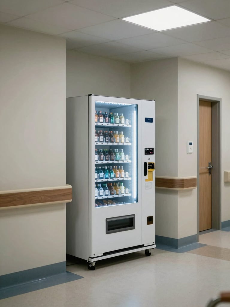 Institutional hospital corridor viewed from a slight angle, a vending machine positioned against the wall near a waiting area, overhead fluorescent lighting, clean linoleum floor, no people visible, cool neutral palette