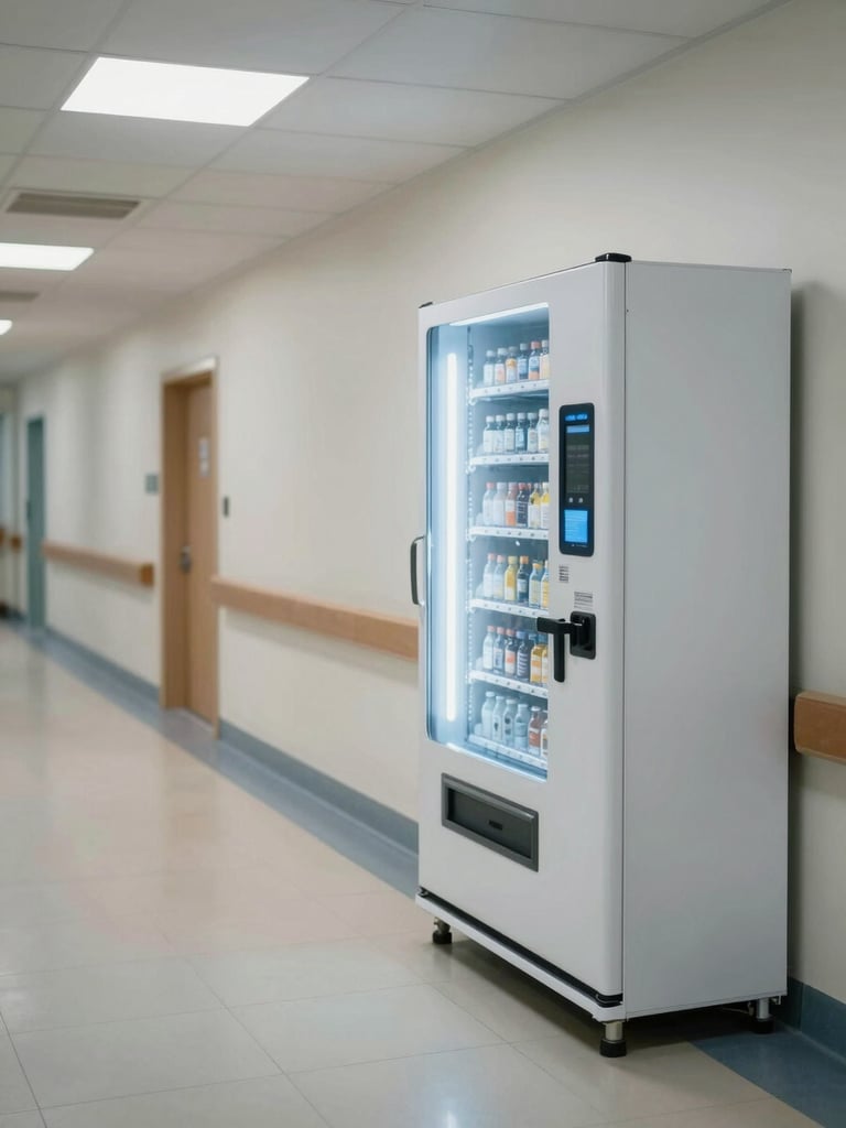 Wide environmental shot inside a hospital corridor, a modern vending machine flush against the wall to the right, institutional overhead lighting casting even cool light on white tile floors, no people in foreground, machine interface and product display window visible