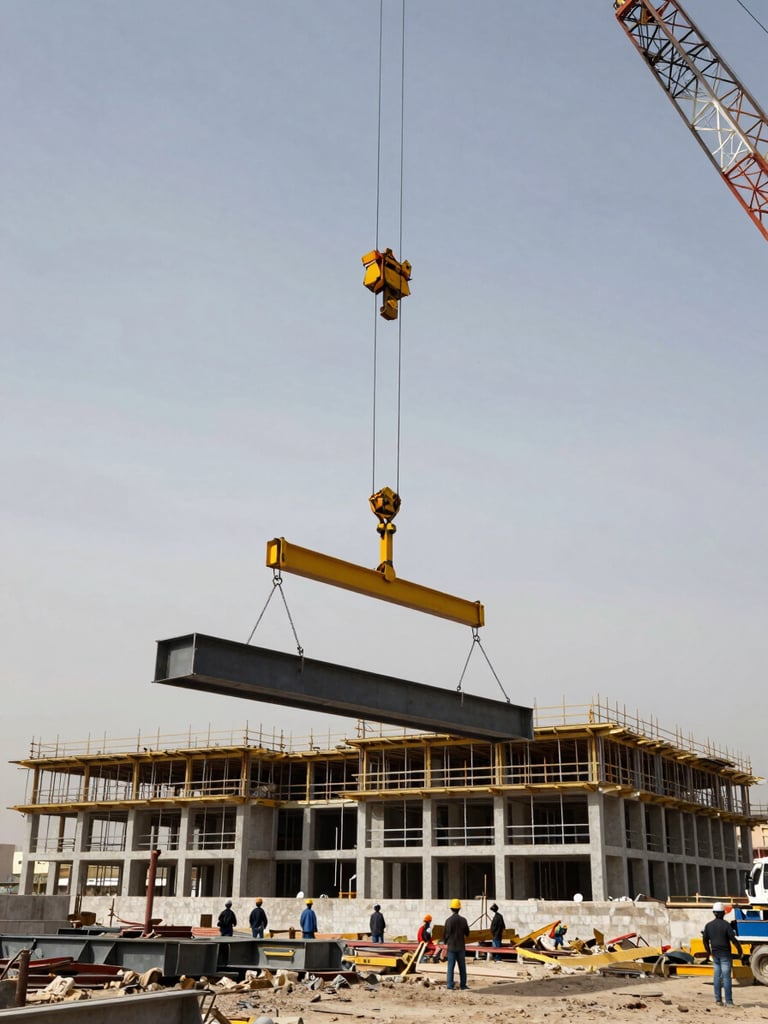 Wide environmental shot on a construction site in Oman, structural steel beams being hoisted mid-installation by a crane against an overcast midday sky, workers in hard hats visible below at scale, exposed frame of a large building in the background