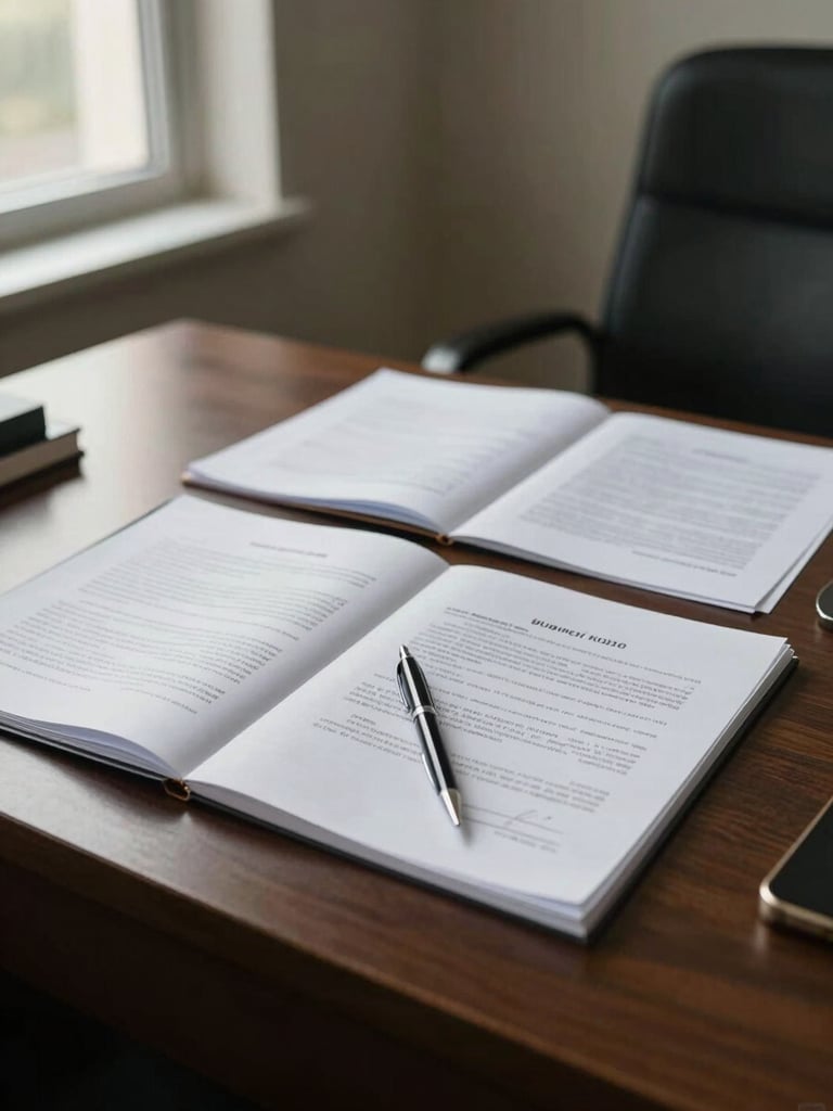 Wide-angle view of a professional office desk with legal documents spread open, a pen resting on signed paperwork, soft natural window light from the left, institutional setting, muted tones