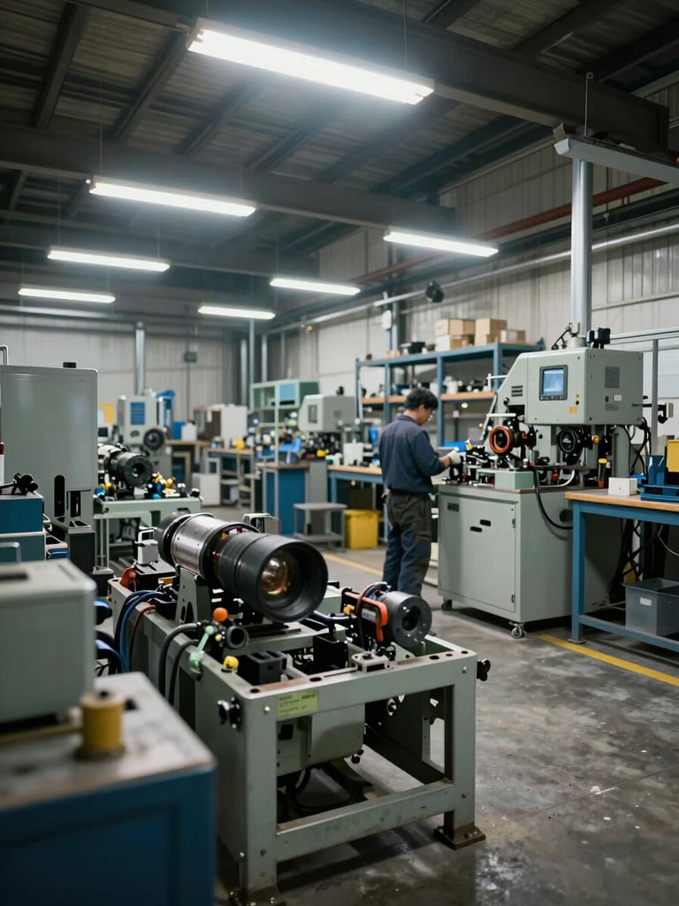 Wide environmental shot of an active industrial workshop floor during maintenance shift, overhead fluorescent and tungsten lighting, machinery partially disassembled in foreground, technician's back visible working on equipment in mid-ground, concrete floor and steel shelving in background