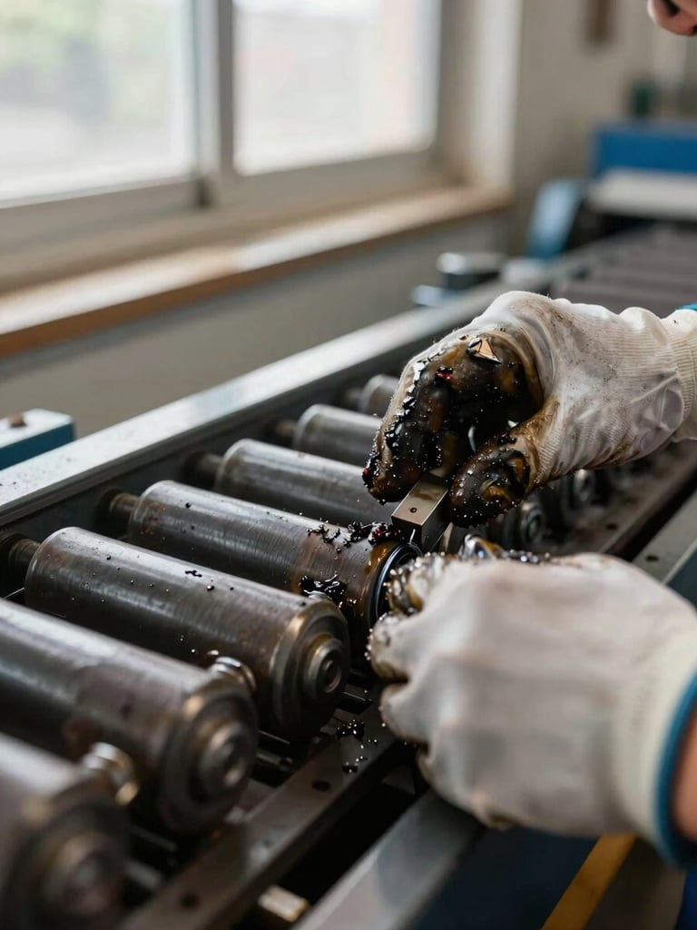 Extreme close-up of a technician's hands performing corrective maintenance on industrial conveyor belt rollers, natural workshop daylight from a side window, oil residue and metal shavings on gloved fingers, mechanical components sharp in foreground