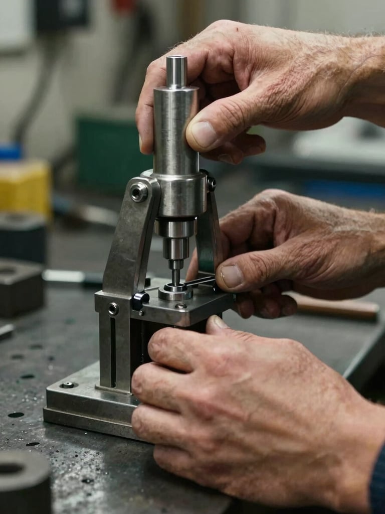 Extreme close-up of calloused hands assembling a pneumatic gripper on a steel workbench, tungsten shop lighting casting warm shadows on knuckles and metal fittings, industrial workshop background blurred