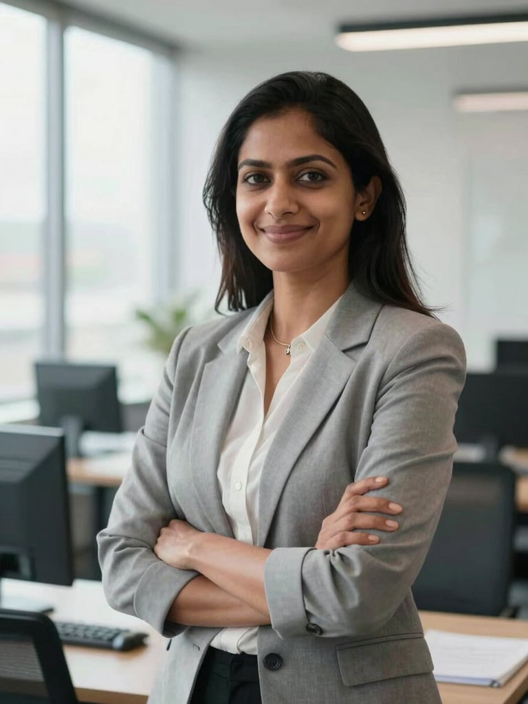 A confident Indian female manager standing in a bright, modern workplace, looking directly at the camera with a warm smile, soft natural window light, professional setting.