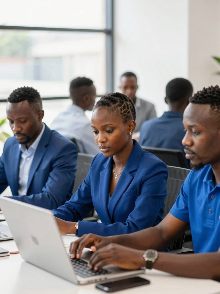 Young Congolese entrepreneurs collaborating in a modern, bright co-working space in Kinshasa, focused and professional.