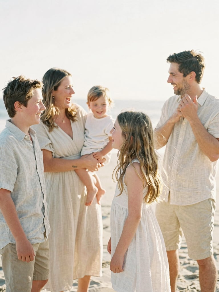 A family laughing together on a warm sandy beach, wearing light linen clothing, candid medium shot, soft golden-hour light, shallow depth of field.