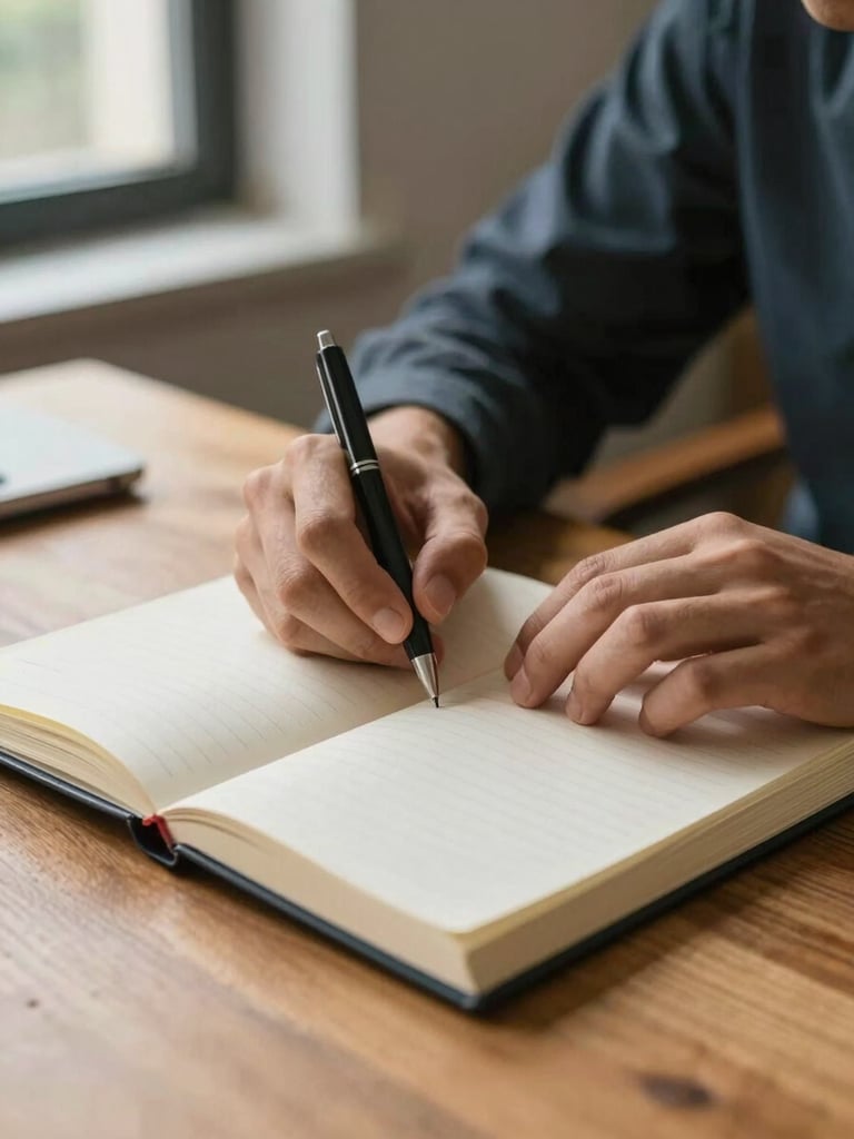Close-up of a young man's hands resting on an open notebook on a wooden desk, natural north-facing window light falling across the page, a pen mid-rest, warm and unhurried