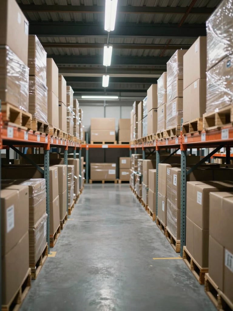 Wide shot of an industrial fulfillment room, rows of shelving with boxed inventory receding into the background, overhead fluorescent work light, no people visible, unglamorous and operational