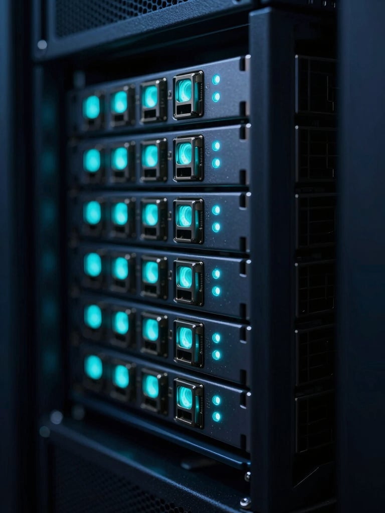 Macro close-up of modern server rack nodes, glowing cyan indicator lights, deep slate shadows, sharp focus, 35mm lens