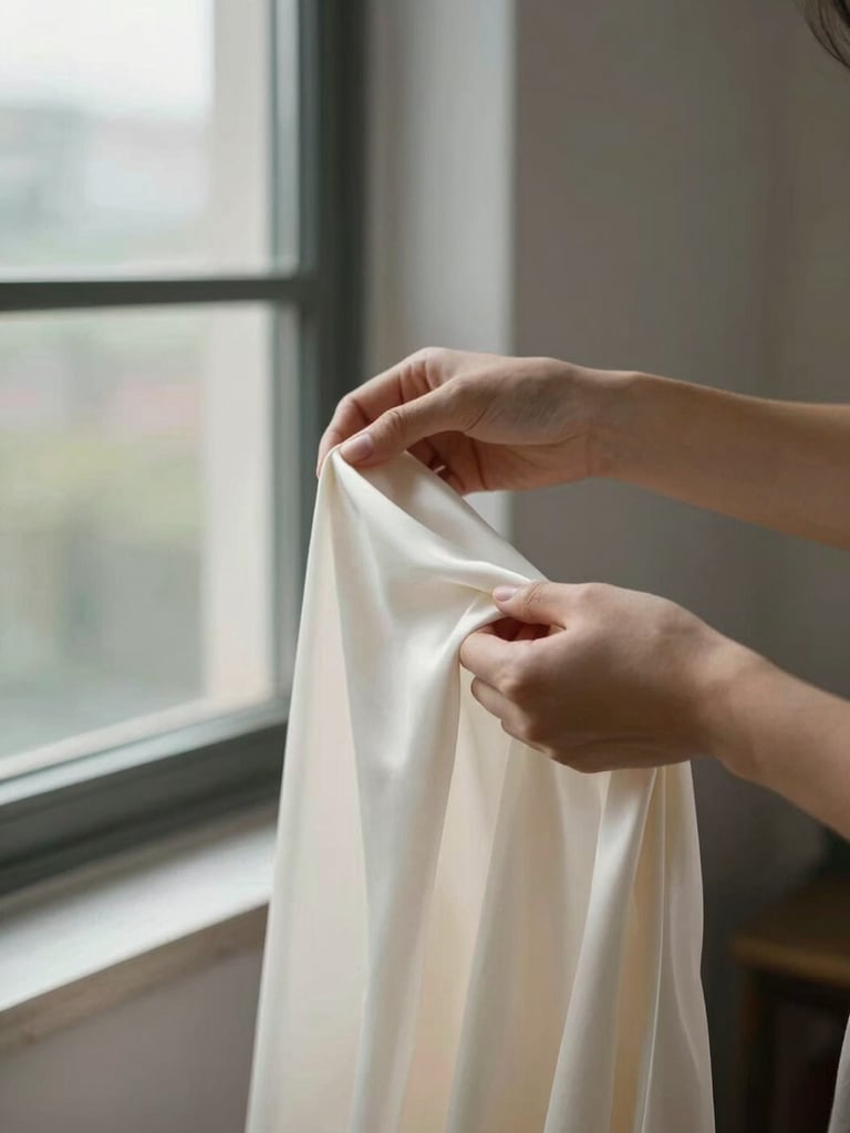 Close-up of a creator's hands holding a length of pale silk fabric near a tall window, soft north-facing daylight catching the weave, minimal and intentional