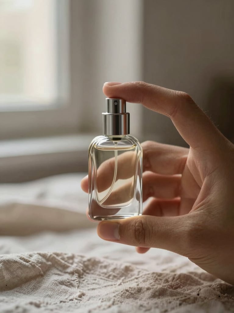 Extreme close-up of a hand holding a small glass perfume bottle against soft out-of-focus linen fabric, early morning north window light, warm neutral tones, intentional negative space above