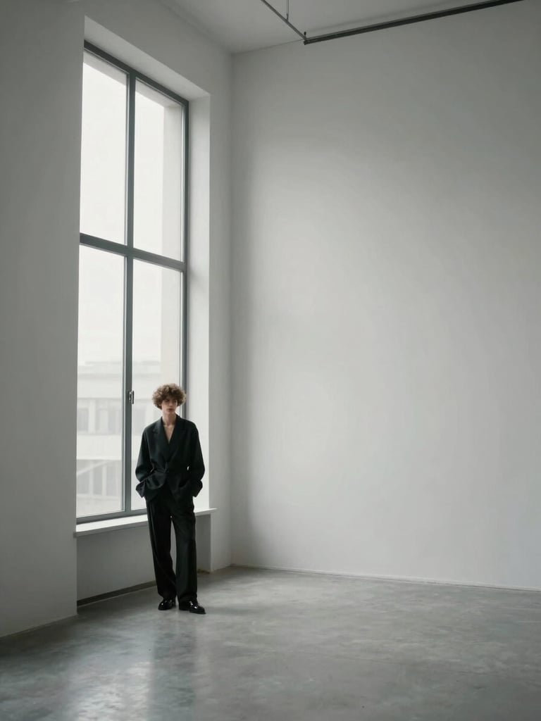 Wide editorial shot of a fashion creator standing near a tall window in a minimal studio interior, soft north-facing light, figure placed left third, generous empty wall to the right, monochromatic tones