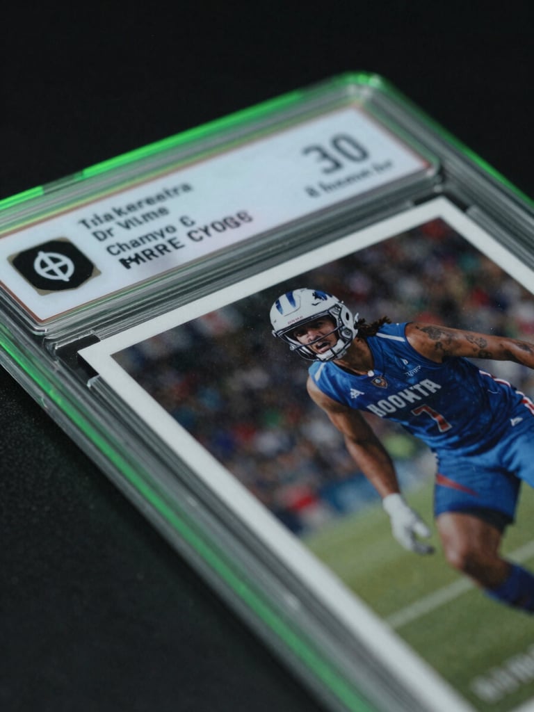 Macro close-up of a pristine graded sports card slab, sharp edges, glowing neon green ambient light reflecting off the acrylic case, dark background.