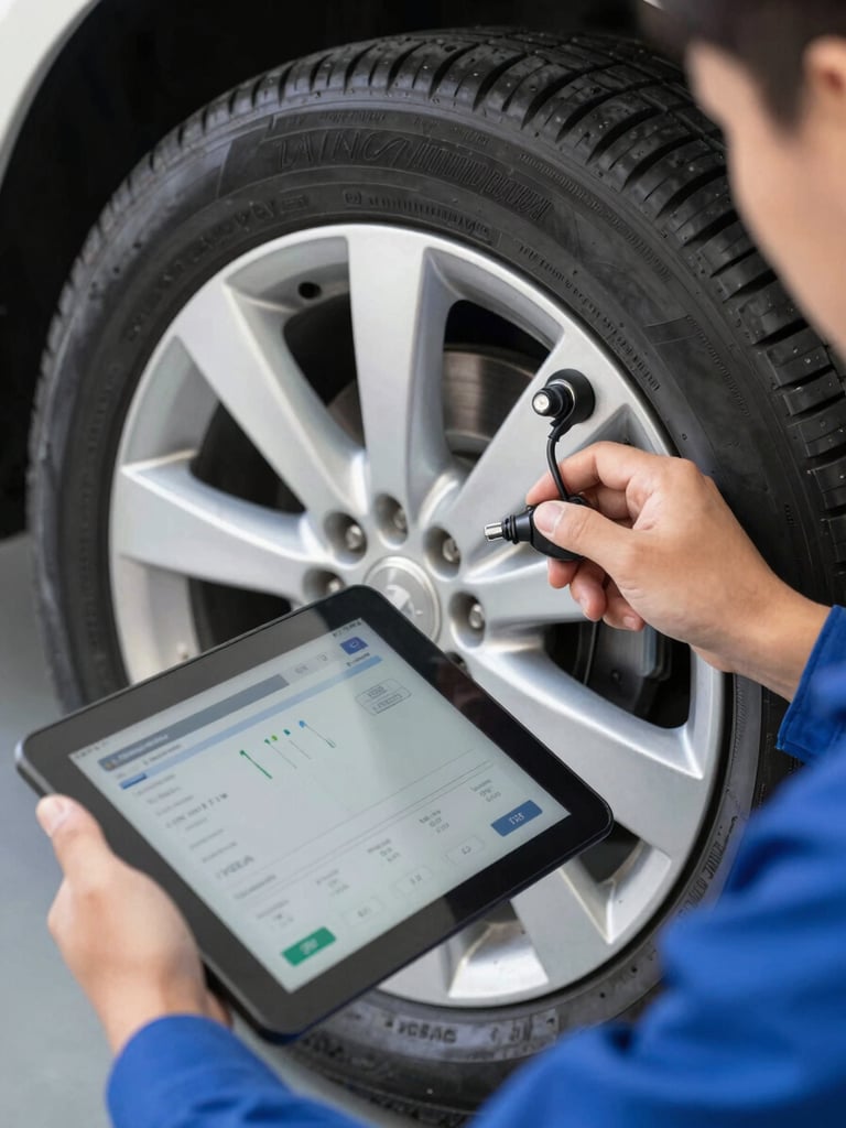 Close-up of a technician's hands using a diagnostic tablet to scan a tire pressure monitoring system (TPMS) sensor on a car wheel, bright workshop lighting, sharp focus.