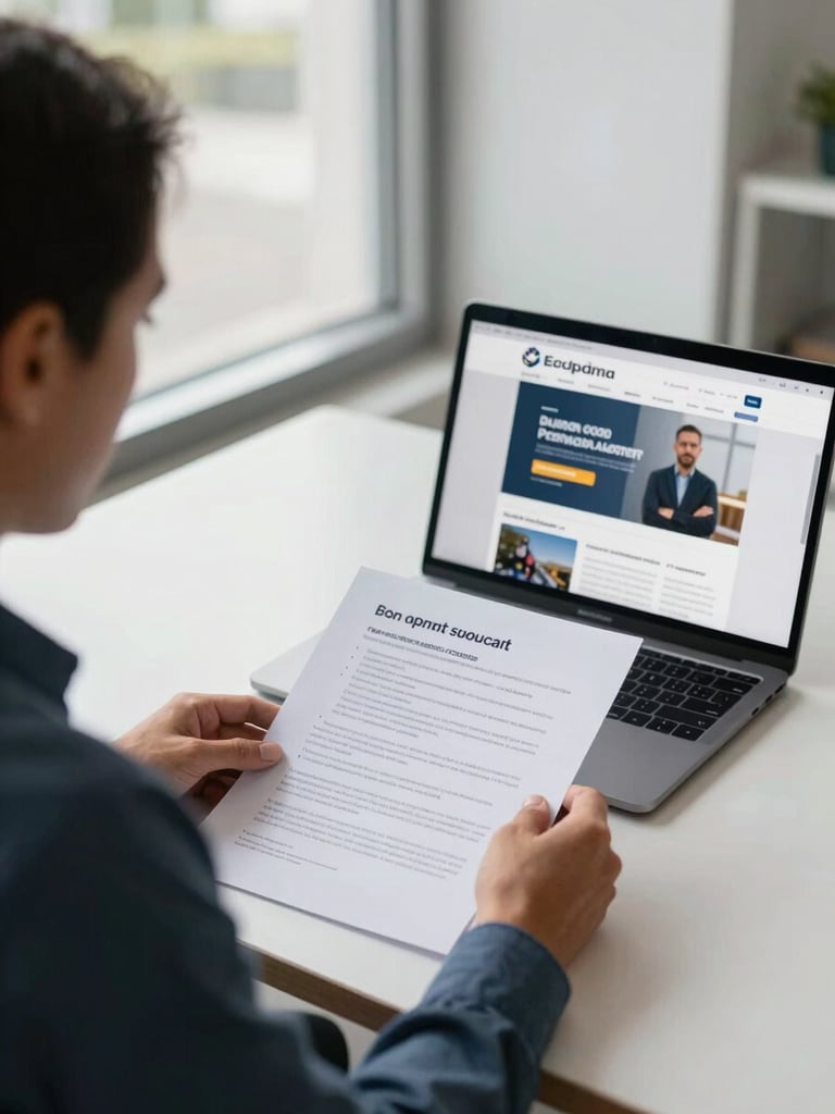 Medium shot of a compliance professional at a desk reviewing printed regulatory documents alongside a laptop showing a training platform interface, even office daylight from a window to the left, Ecuadorian banking environment