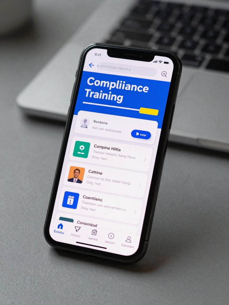 Close-up portrait of a smartphone screen showing a compliance training module dashboard with progress indicators and financial literacy modules listed, held upright against a slate-gray office surface, even LED office lighting, no reflections