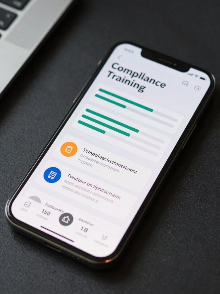 Close-up of a smartphone screen displaying a compliance training module dashboard with progress bars and regulatory content sections, held at a slight angle on a dark desk surface under soft office light