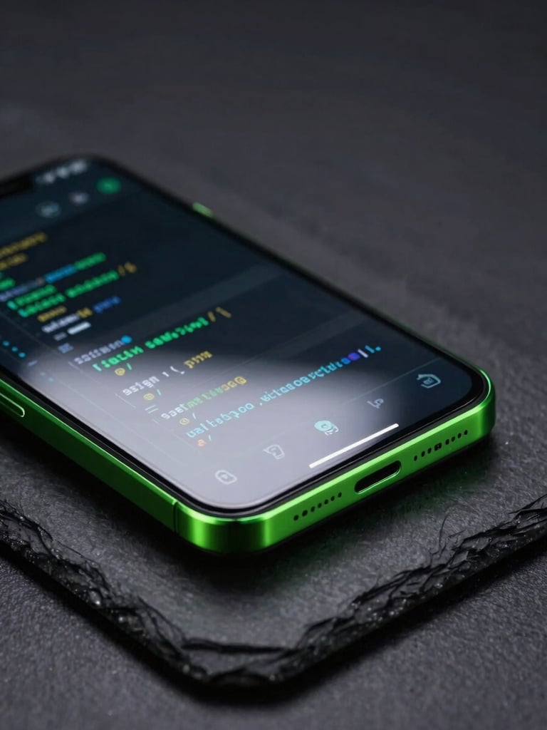 Sleek modern Android smartphone close-up on a dark slate desk, neon green edge highlights reflecting on the screen, showing high-fidelity code execution interface, macro focus, 35mm