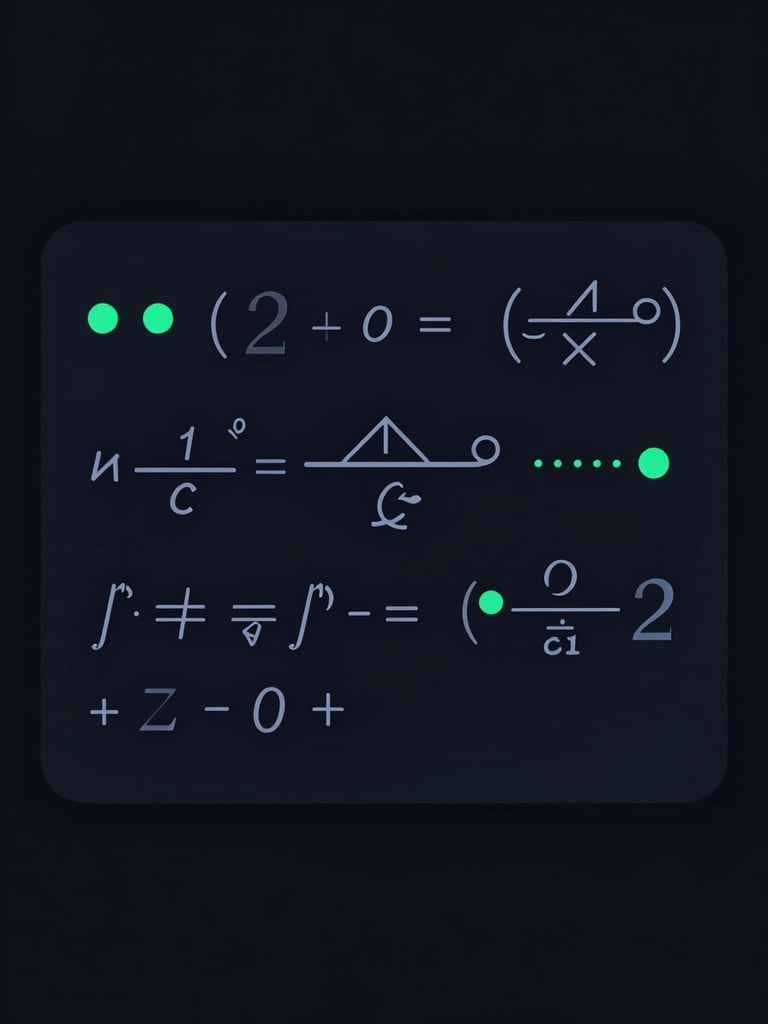 Minimalist vector illustration of a dashboard interface showing transparent mathematical formulas, neon green accents, clean UI, dark mode.