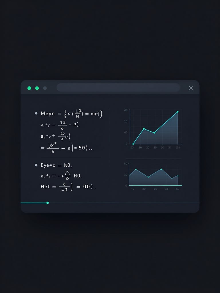 Minimalist vector illustration of a clean terminal UI showing transparent formulas and mathematical charts, dark mode fintech aesthetic, neon blue and green accents