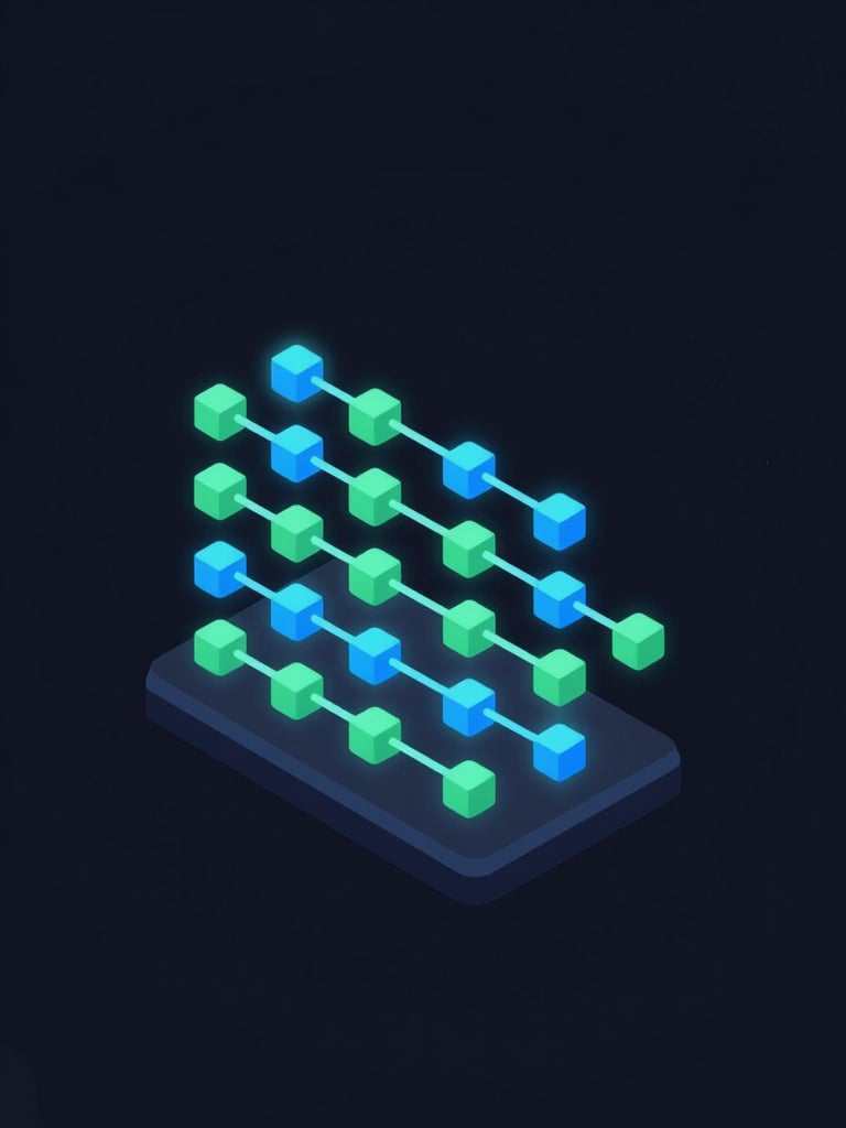 Isometric digital vector diagram of a blockchain ledger, glowing neon blue and green nodes, dark background, clean UI style