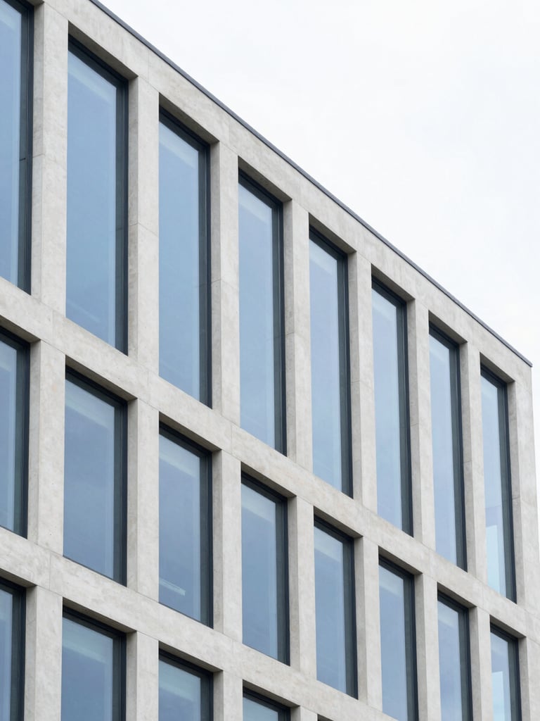 Macro architectural detail of a modern concrete and glass building facade, structured geometric lines, bright overcast daylight, sharp focus