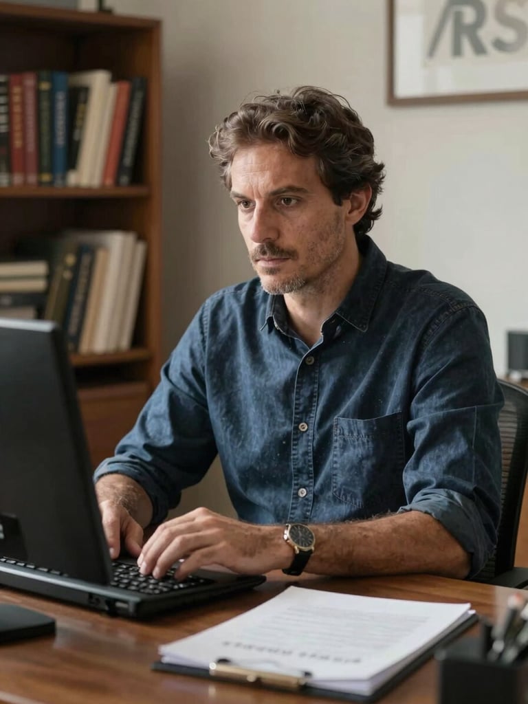 Antonio Carlos Mazzei em seu escritório sóbrio, iluminação natural lateral suave, focado em sua mesa de trabalho com livros ao fundo.