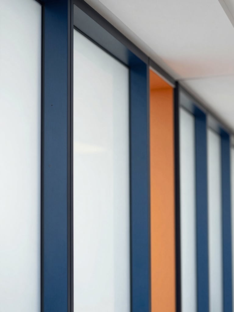 Architectural detail of a modern, minimalist office interior, clean lines, deep blue structural elements, and a subtle orange accent, bright natural daylight, soft shadows, shallow depth of field.