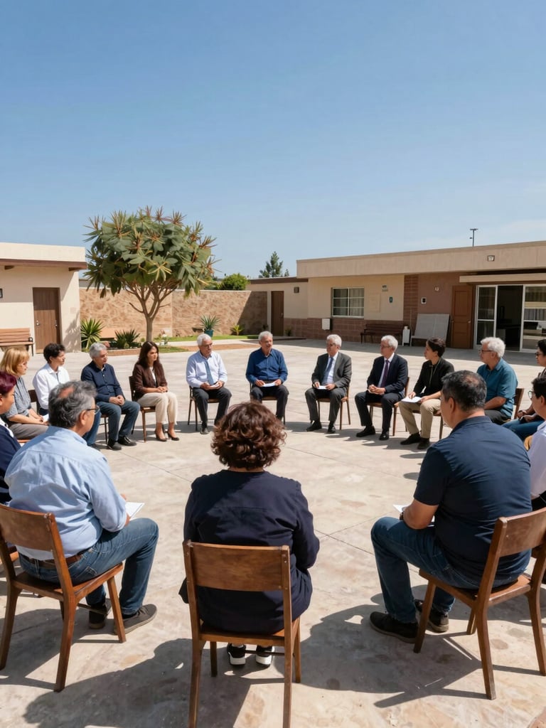 Wide environmental shot of a community assembly in a bright courtyard, natural clear daylight, participants engaged in civic discussion, sharp focus, 35mm.