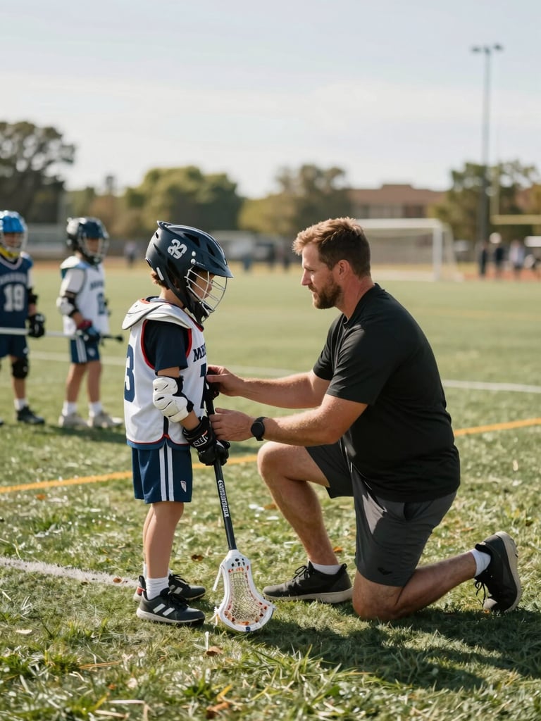 Wide environmental shot from field level, a youth lacrosse coach kneeling beside a young elementary-age kid on a green practice field, coach's hands guiding the child's grip on a lacrosse stick, natural bright midday daylight, other kids visible blurred in the background waiting their turn, warm and unhurried atmosphere