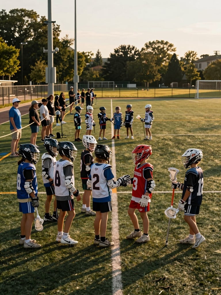Close environmental shot from the corner of a youth lacrosse tournament — kids in mismatched gear shaking hands across the center line after a game, a cluster of parents watching from behind a rope line to the left, natural golden-hour light raking across the field, wide framing with the full sideline visible